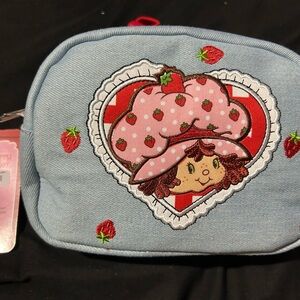 Strawberry Embroidered Blue Pouch